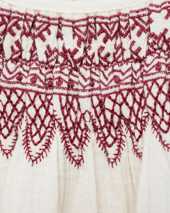 Girl's White With Maroon Embroidered Top