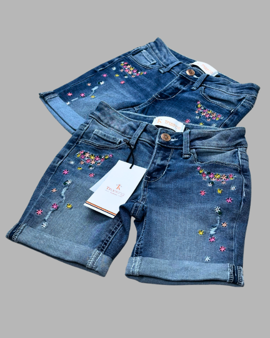 Girls Floral Embroidery Denim Shorts