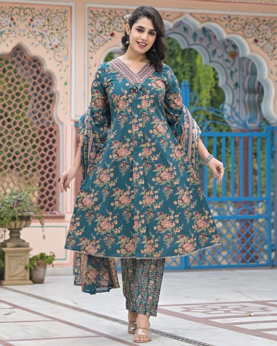 Green A Line Floral Print 3 Pcs Kurta