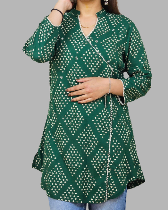 Green Angrakha Bandhani Print Kurti