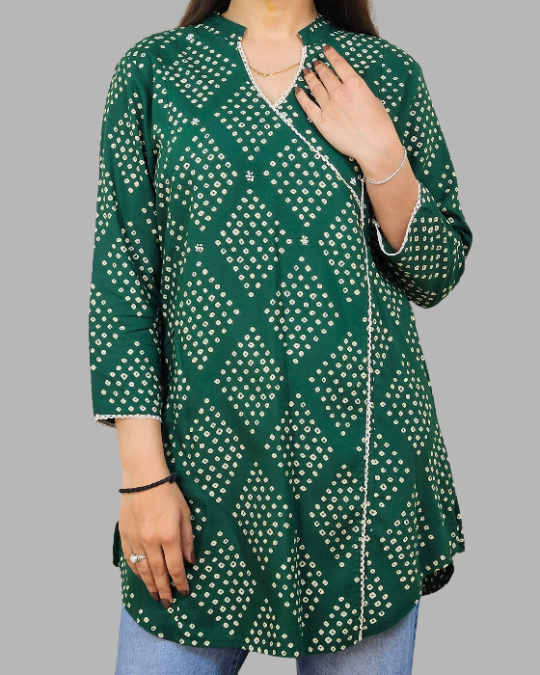 Green Angrakha Bandhani Print Kurti
