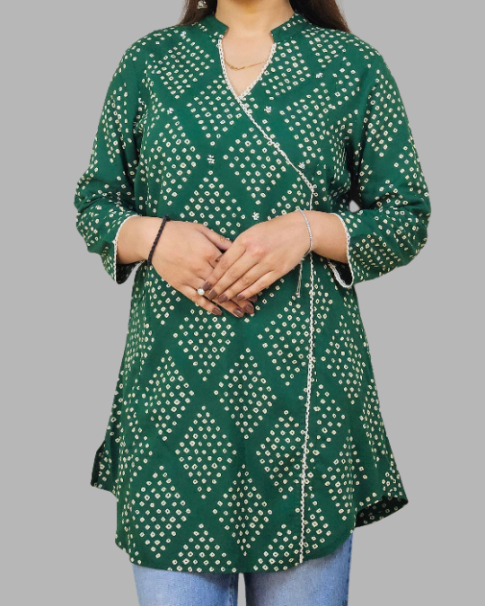 Green Angrakha Bandhani Print Kurti