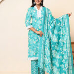 Green Floral Print V Neck 3 Pcs Suit