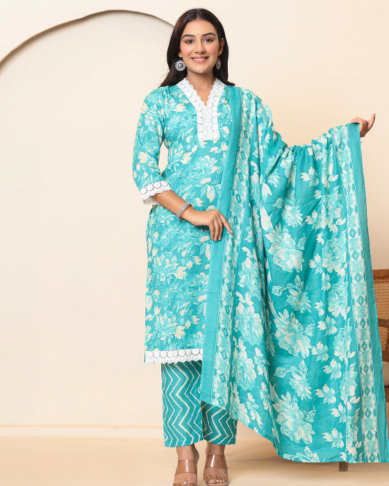 Green Floral Print V Neck 3 Pcs Suit