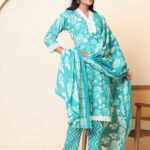 Green Floral Print V Neck 3 Pcs Suit