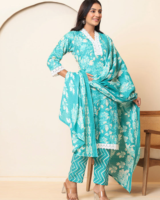 Green Floral Print V Neck 3 Pcs Suit