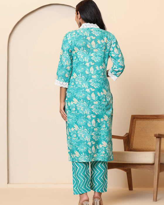 Green Floral Print V Neck 3 Pcs Suit