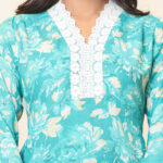 Green Floral Print V Neck 3 Pcs Suit