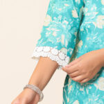 Green Floral Print V Neck 3 Pcs Suit