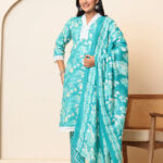 Green Floral Print V Neck 3 Pcs Suit