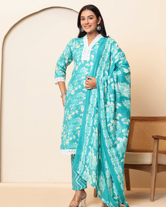 Green Floral Print V Neck 3 Pcs Suit