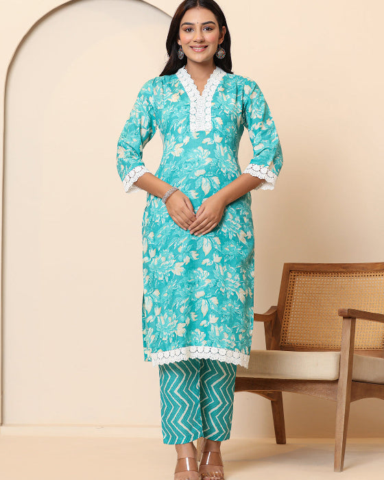 Green Floral Print V Neck 3 Pcs Suit