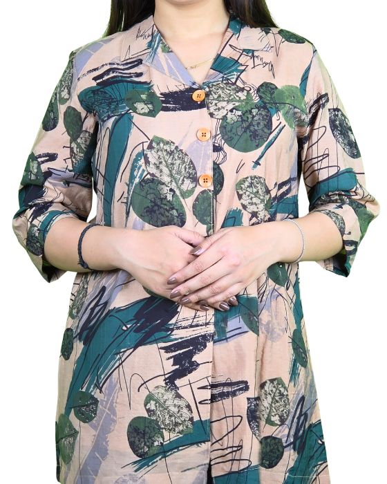 Women Beige with Green Mull Print Long Top