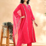Hot Pink Angrakha Plain Kurta Set