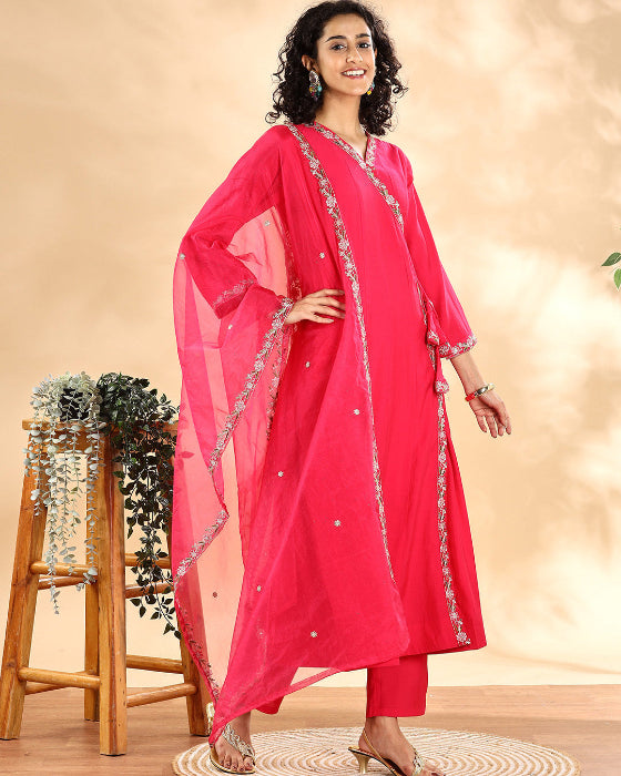 Hot Pink Angrakha Plain Kurta Set