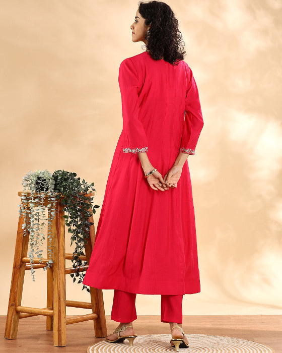 Hot Pink Angrakha Plain Kurta Set