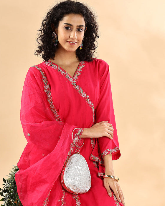 Hot Pink Angrakha Plain Kurta Set