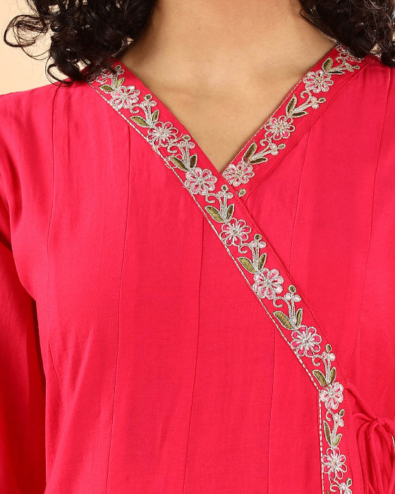 Hot Pink Angrakha Plain Kurta Set