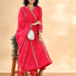 Hot Pink Angrakha Plain Kurta Set