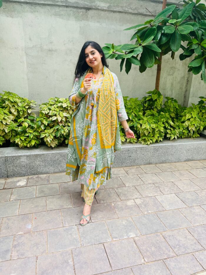 Muted Green Alia Embroidery A Line Flare Kurti Set