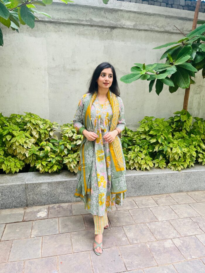 Muted Green Alia Embroidery A Line Flare Kurti Set