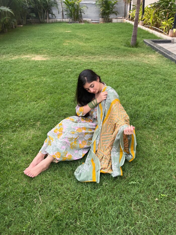 Muted Green Alia Embroidery A Line Flare Kurti Set