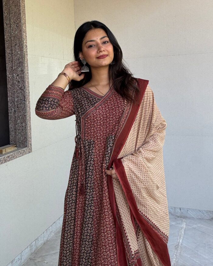 Rust Bugru Print 3 Pcs Anarkali  Kurta Set