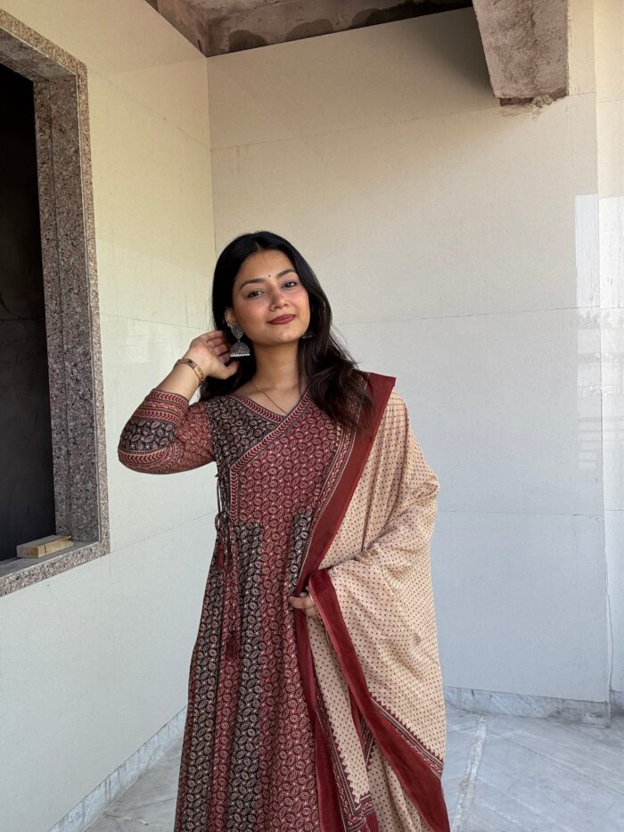 Rust Bugru Print 3 Pcs Anarkali  Kurta Set