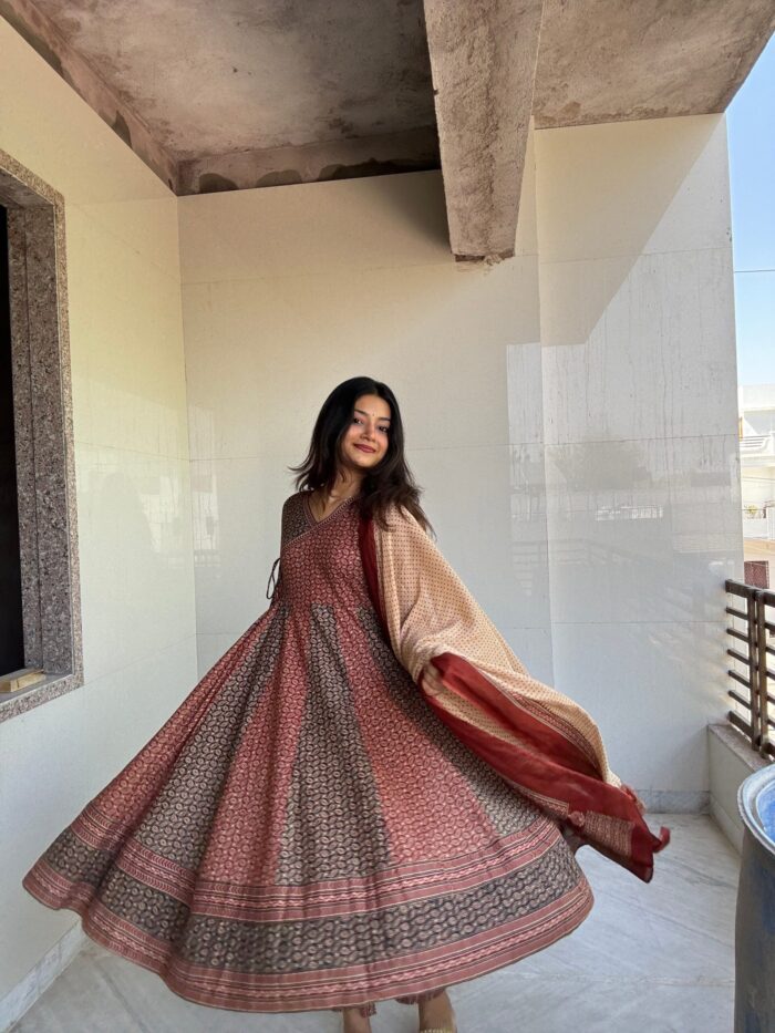 Rust Bugru Print 3 Pcs Anarkali  Kurta Set