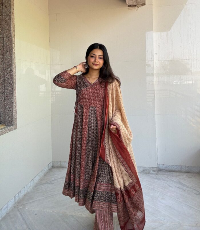 Rust Bugru Print 3 Pcs Anarkali  Kurta Set