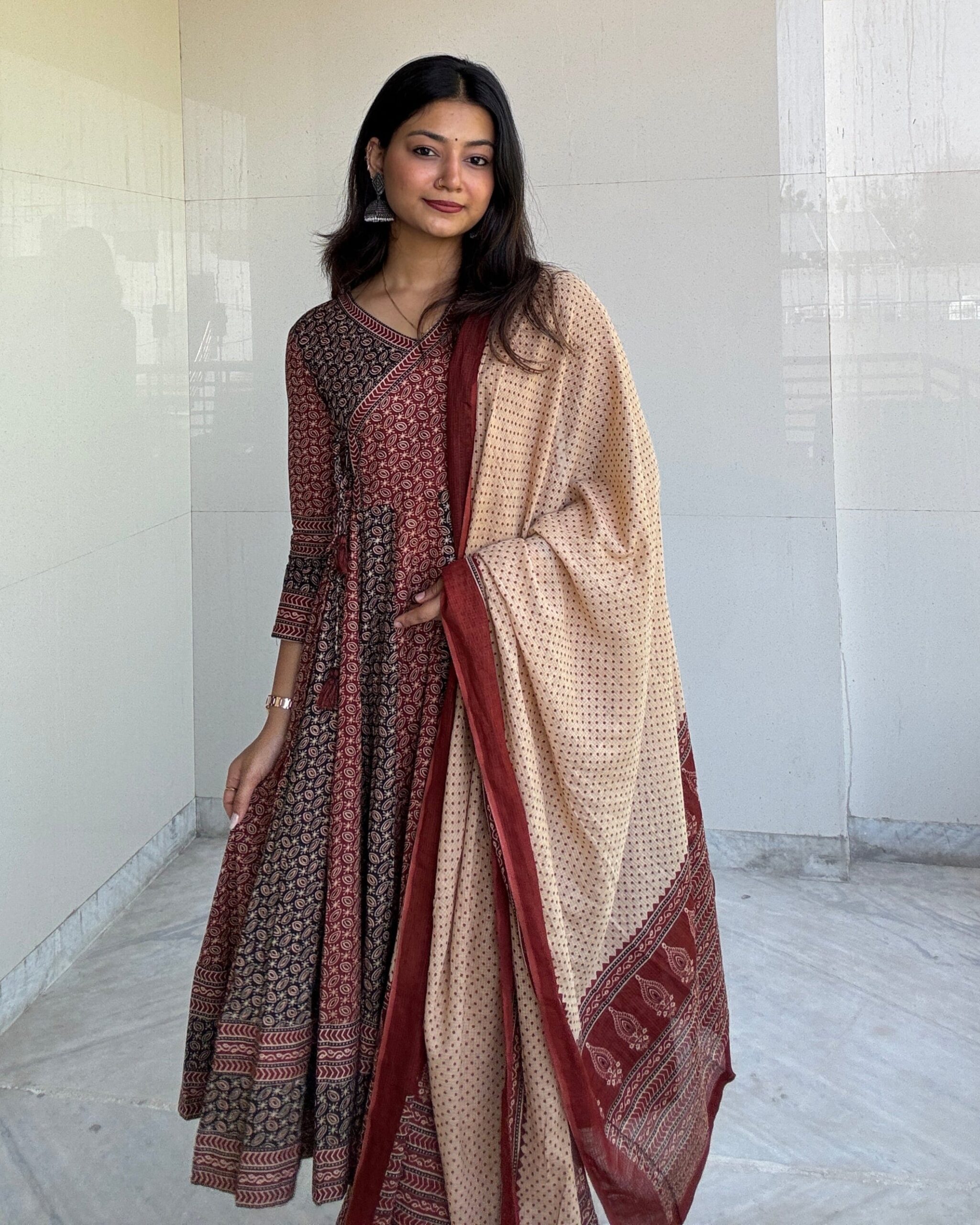 Rust Bugru Print 3 Pcs Anarkali  Kurta Set