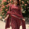 Rust Floral Print V Neck  3 Pcs Kurta Set