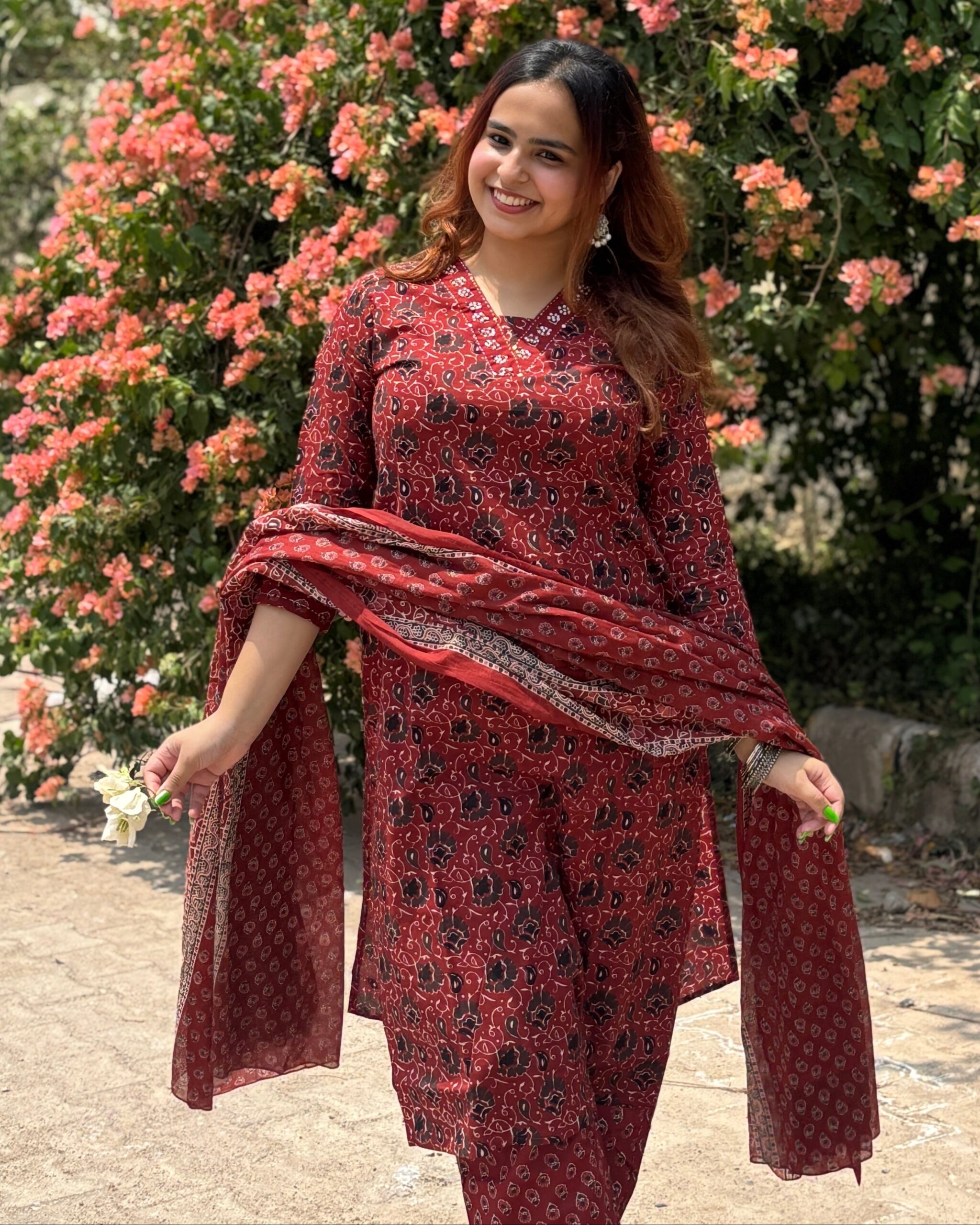 Rust Floral Print V Neck  3 Pcs Kurta Set