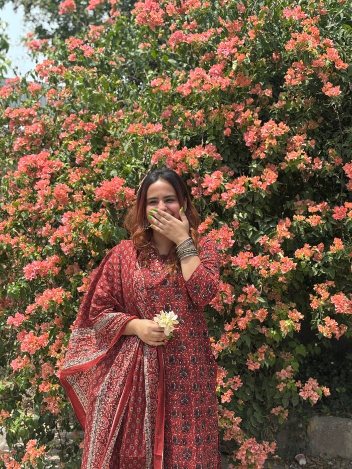 Rust Floral Print V Neck  3 Pcs Kurta Set