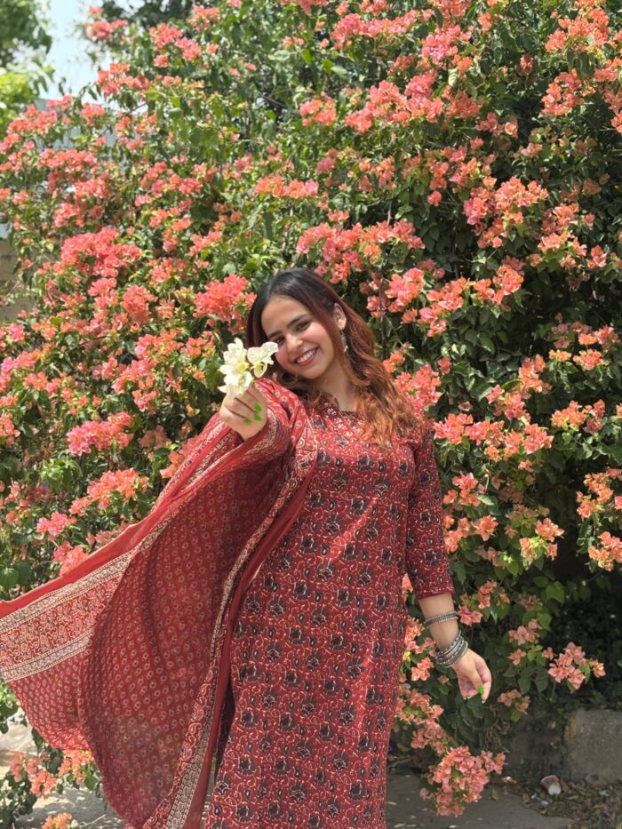 Rust Floral Print V Neck  3 Pcs Kurta Set