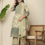 Light Green Mughal Art Organza Print 3 Pcs Suit