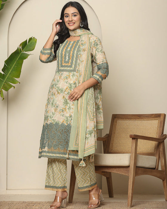 Light Green Mughal Art Organza Print 3 Pcs Suit