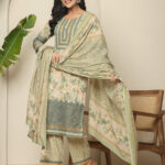 Light Green Mughal Art Organza Print 3 Pcs Suit