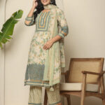 Light Green Mughal Art Organza Print 3 Pcs Suit
