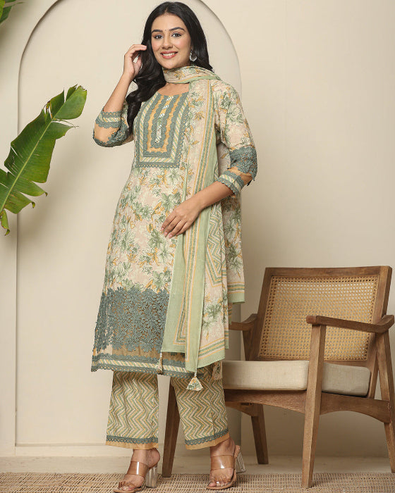 Light Green Mughal Art Organza Print 3 Pcs Suit