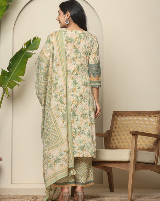 Light Green Mughal Art Organza Print 3 Pcs Suit