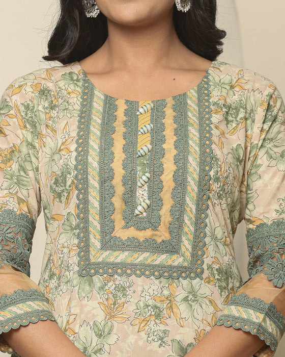 Light Green Mughal Art Organza Print 3 Pcs Suit