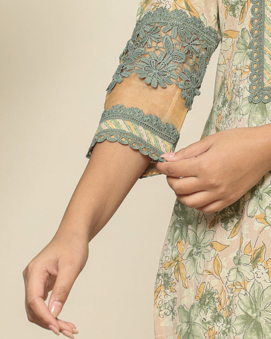 Light Green Mughal Art Organza Print 3 Pcs Suit