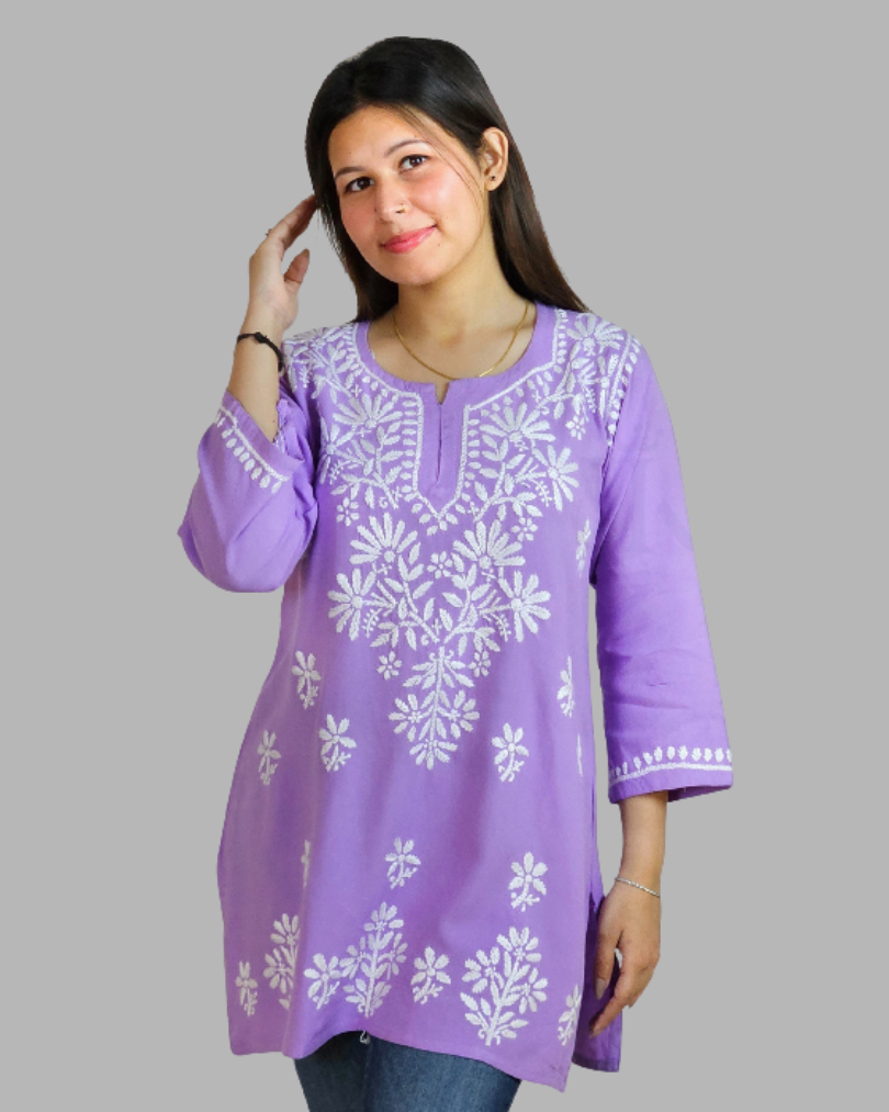 Lilac_Color_Plain_Chikankari_Short_Kurti Lilac Color Plain Chikankari Short Kurti