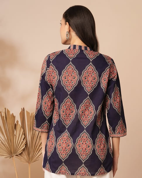 Dark blue ethnic motifs printed short kurti_trooking