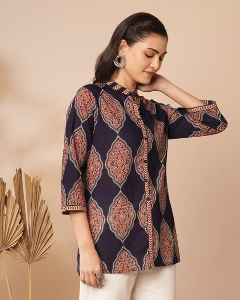 Dark blue ethnic motifs printed short kurti_trooking
