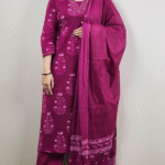 Blue Floral Print V Neck 3 Pcs Kurti Set