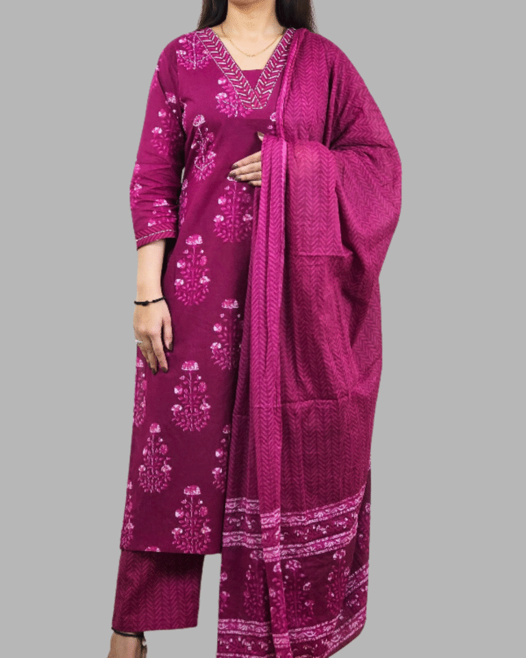 Magenta Floral Print 3 Pcs Kurti Set