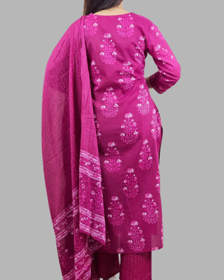 Magenta Floral Print 3 Pcs Kurti Set