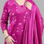Magenta Floral Print 3 Pcs Kurti Set
